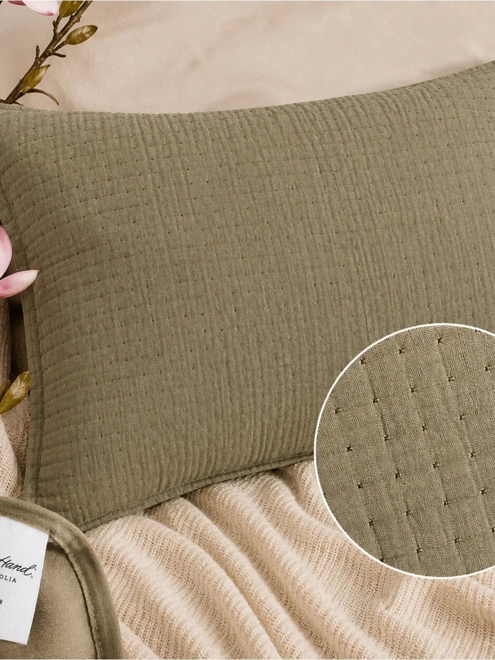 Hearth & Hand Magnolia King Pillow Shams Set 2 Olive Green Quilted Cotton